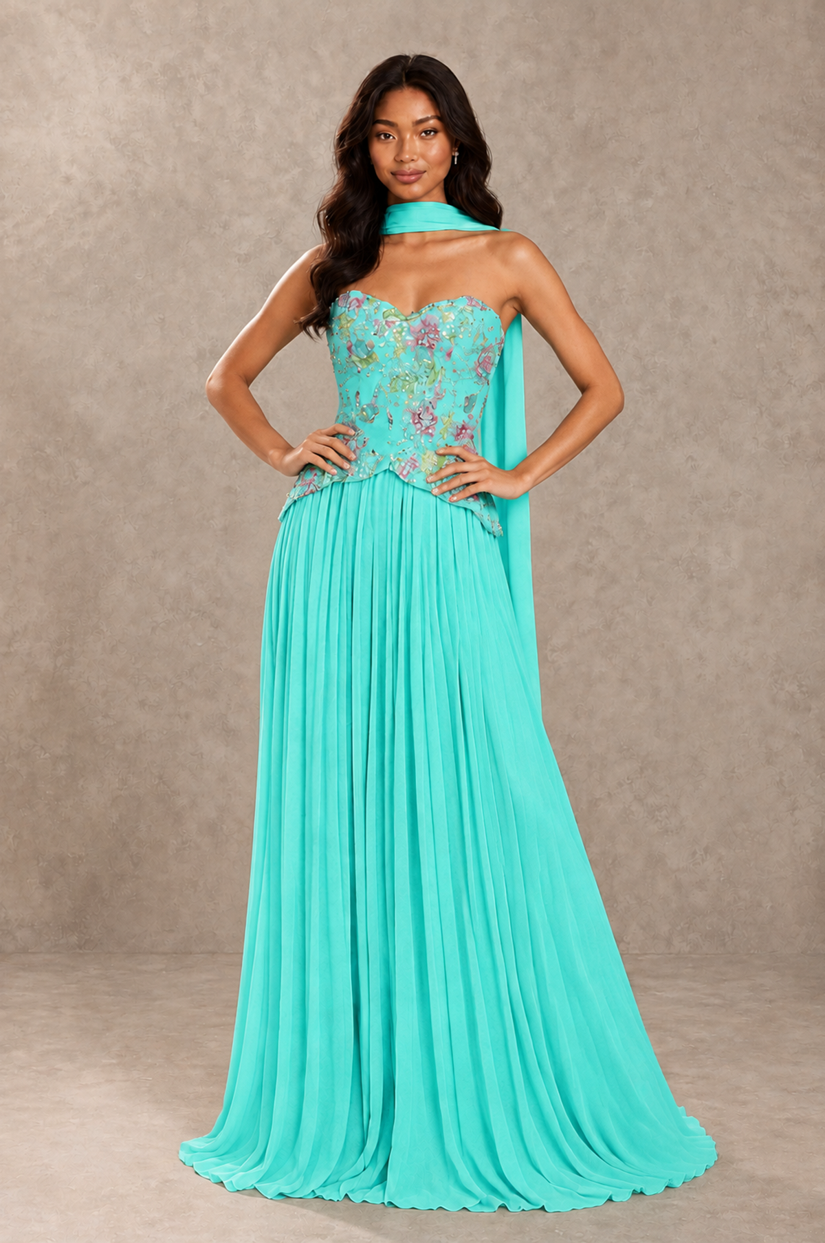 BOLODOO Turquoise Strapless Beaded Floral Corset Chiffon Maxi Gown – Open Back Prom & Formal Evening Dress - Turquoise - Turquoise_04