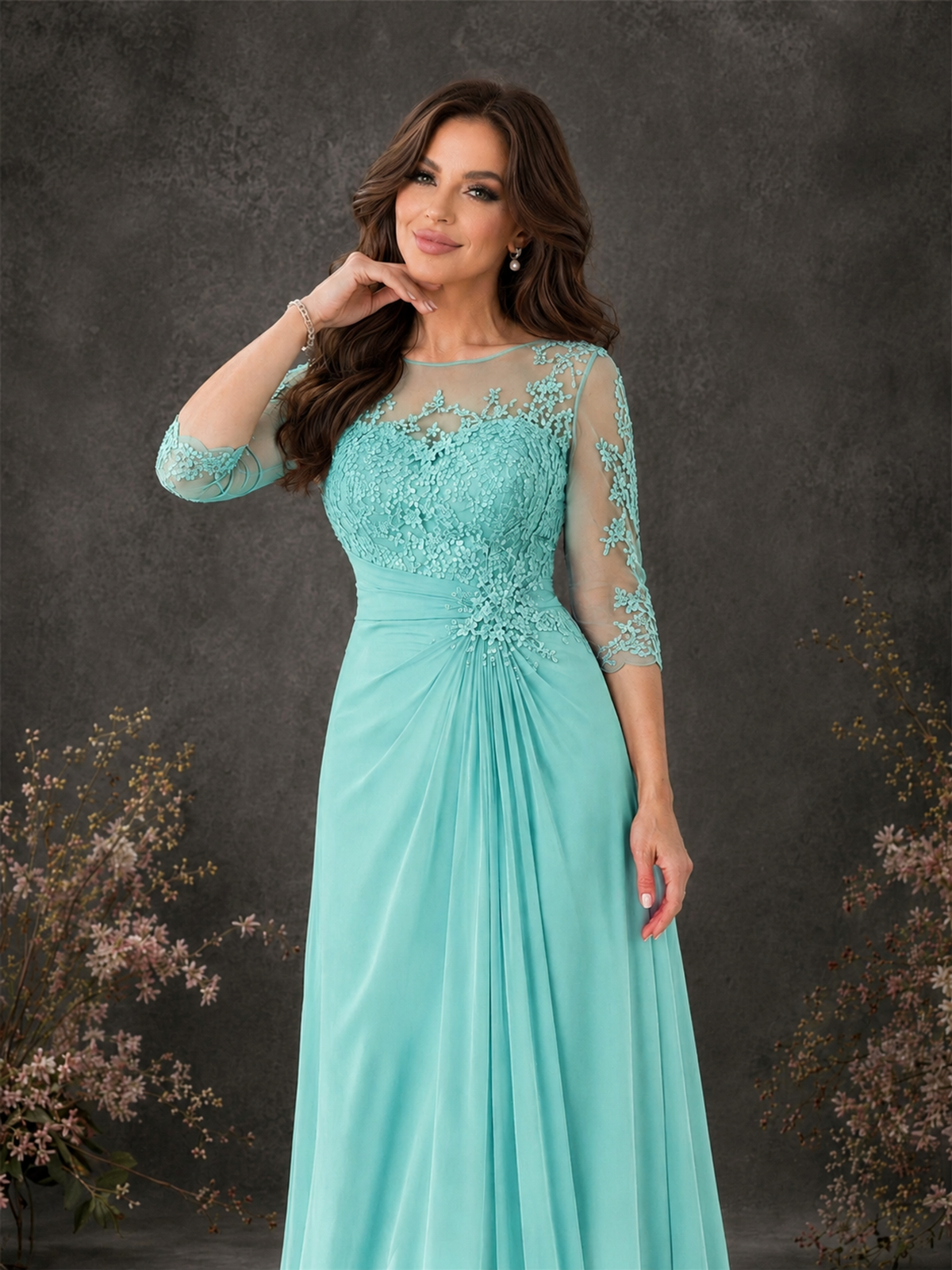 BOLODOO Turquoise Chiffon Lace Illusion Neckline 3/4 Sleeve Floor Length Formal Gown - Turquoise - Turquoise_04