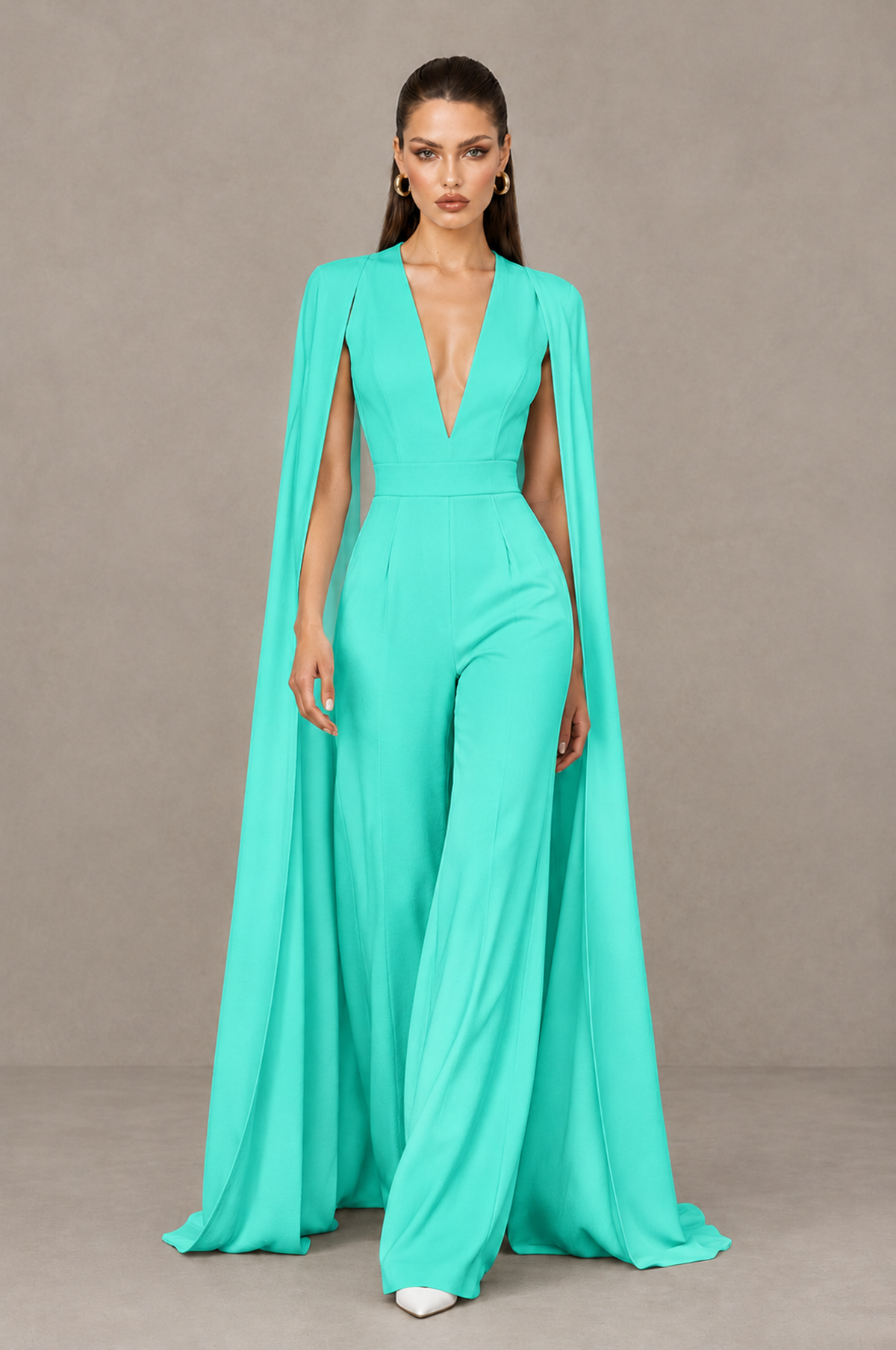BOLODOO Turquoise Deep V-Neck Cape Sleeve Bridal Jumpsuit - Turquoise - Turquoise_04