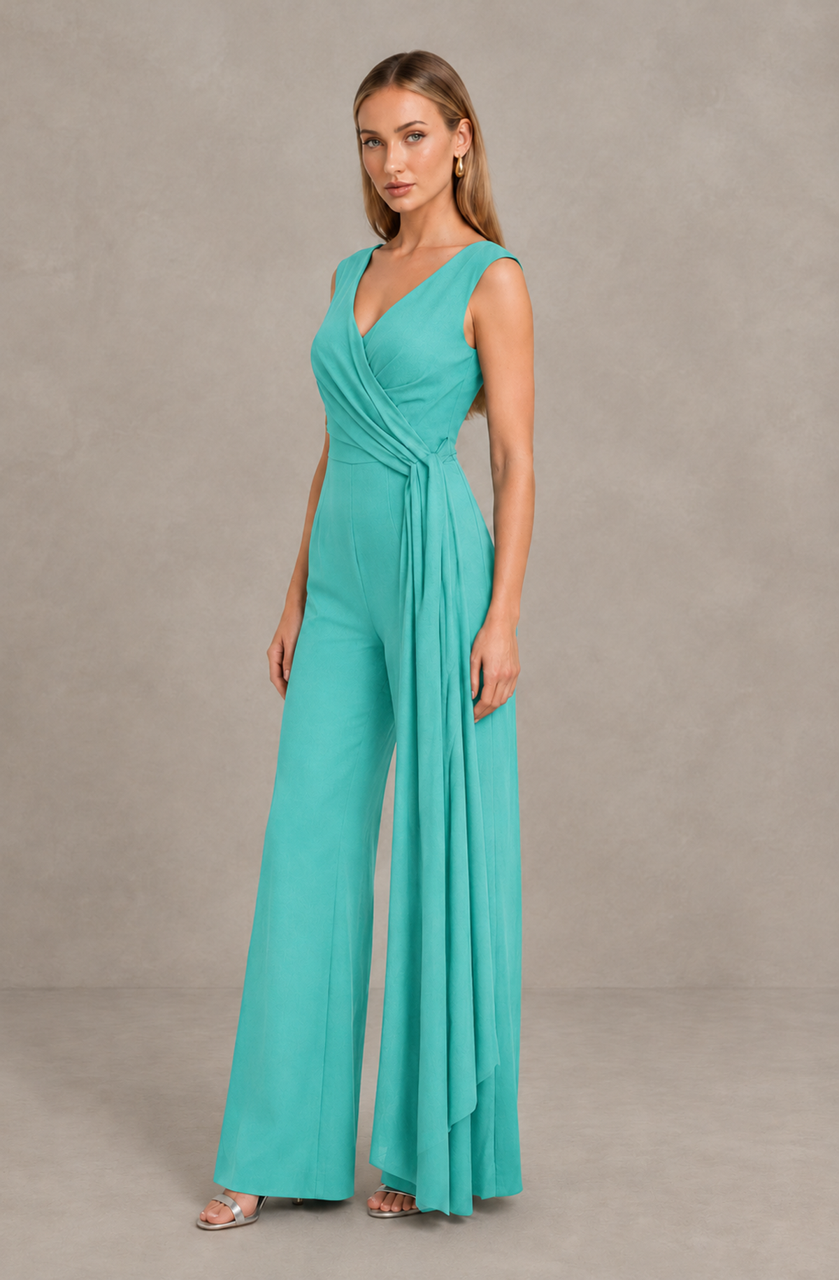 BOLODOO Turquoise Sleeveless V-Neck Wide-Leg Jumpsuit with Side Drape - Turquoise - Turquoise_04