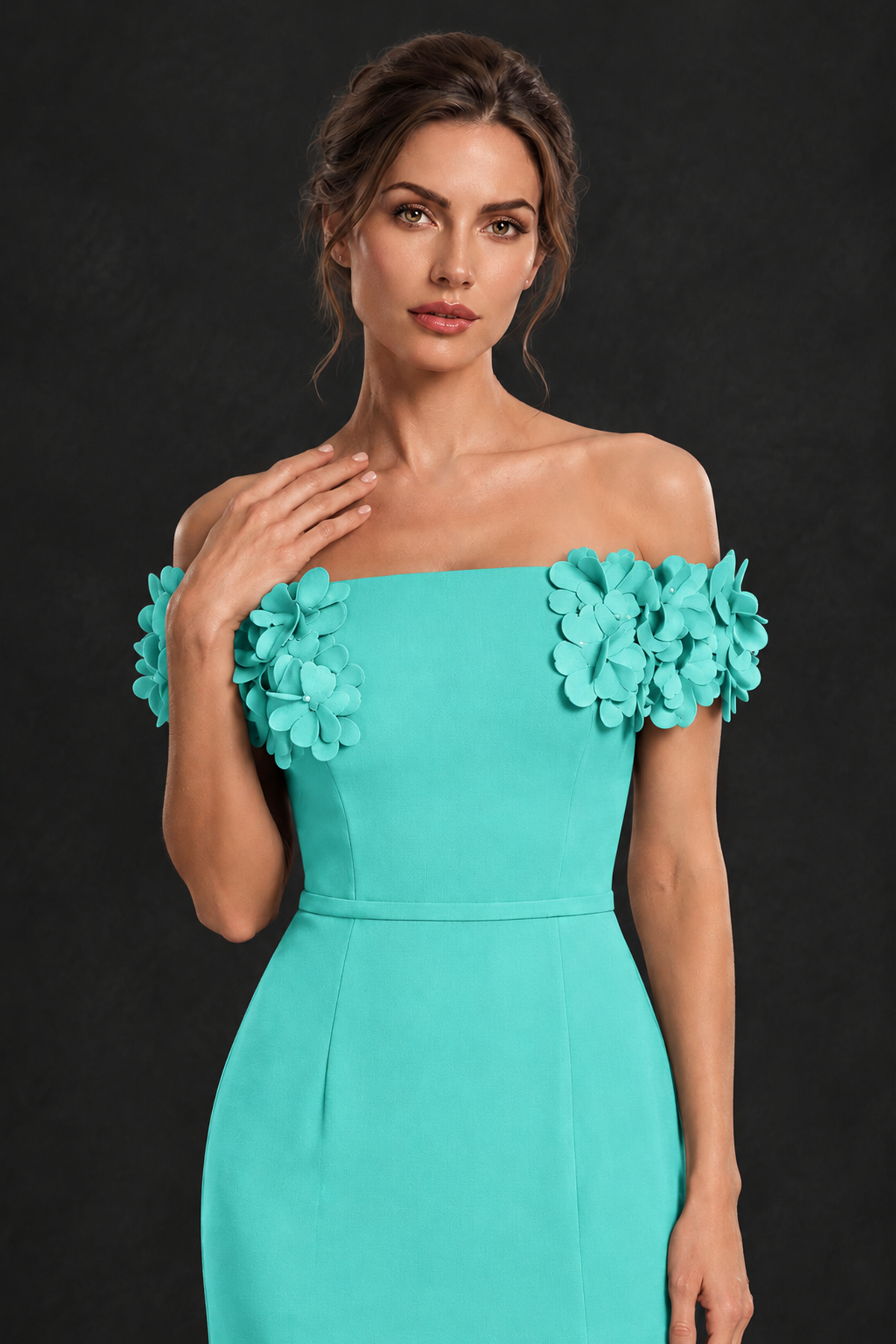 BOLODOO Turquoise Off-the-Shoulder Mother of the Bride Dress with Floral Appliques - Turquoise - Turquoise_04