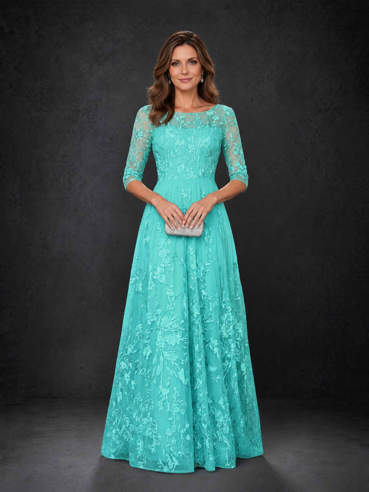BOLODOO Turquoise Illusion Bateau Neck 3/4 Sleeve Floral Lace A-Line Mother of the Bride Dress MX007 - Turquoise - Turquoise_04