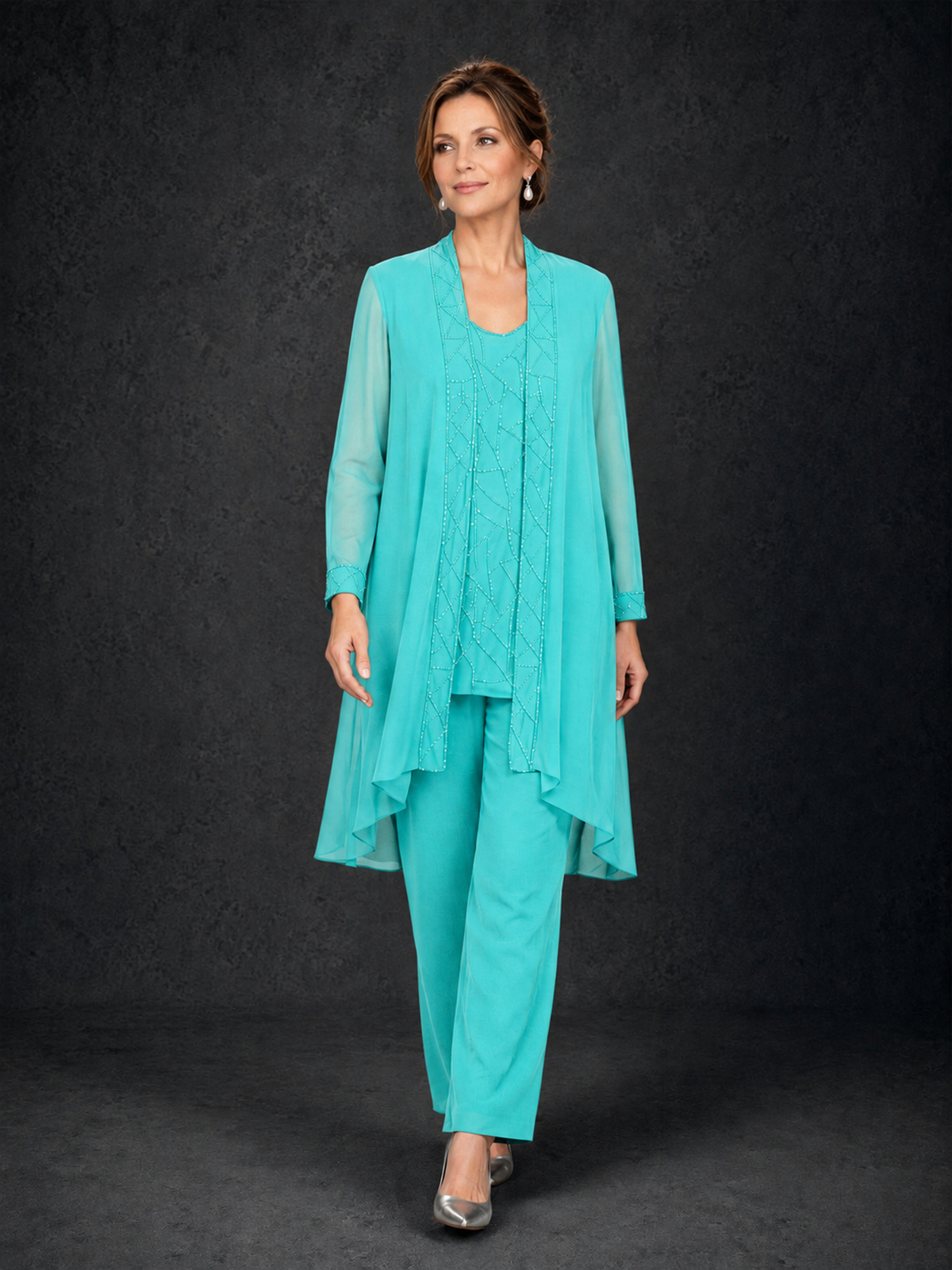 BOLODOO Turquoise 3-Piece Beaded Chiffon Duster Jacket Pant Suit - Turquoise - Turquoise_04