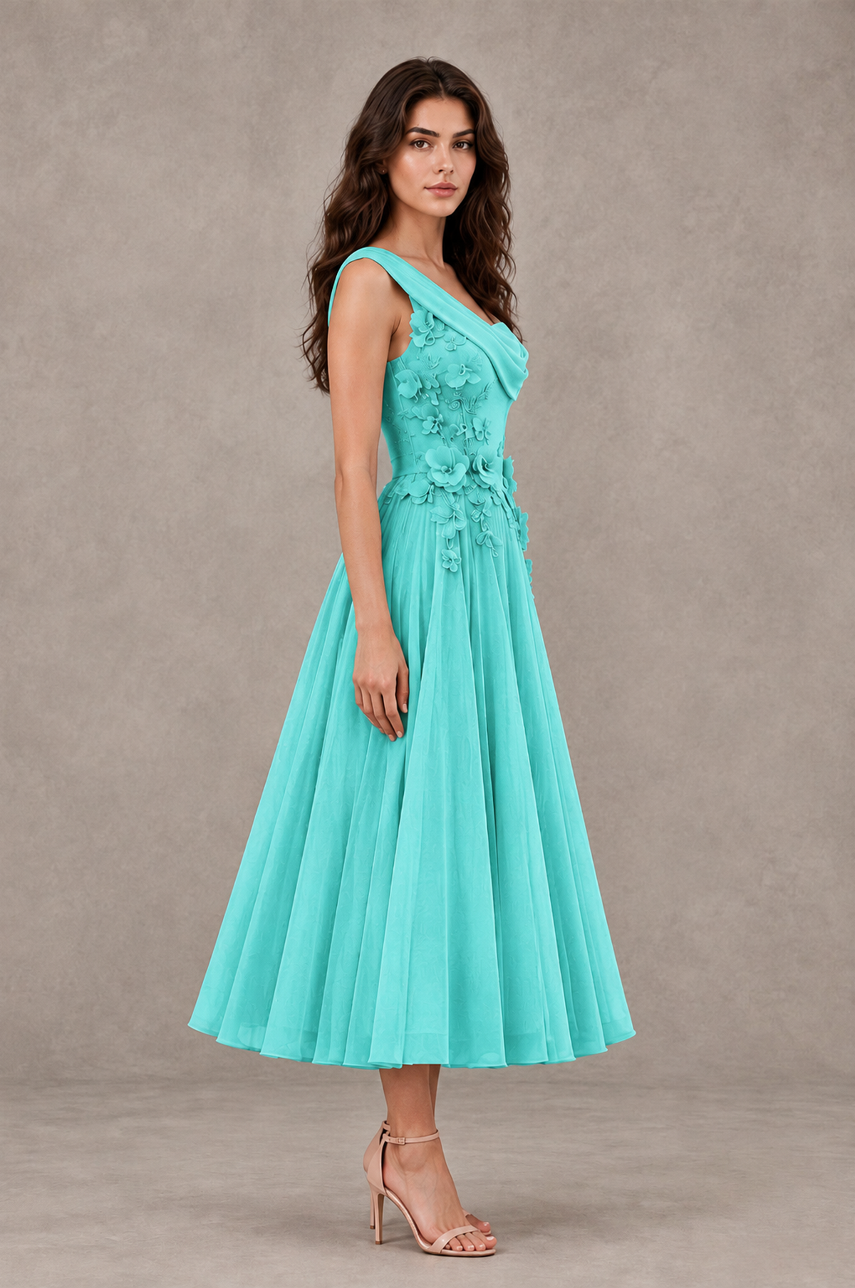 BOLODOO Turquoise One-Shoulder Floral Tulle Tea-Length Dress - Turquoise - Turquoise_04