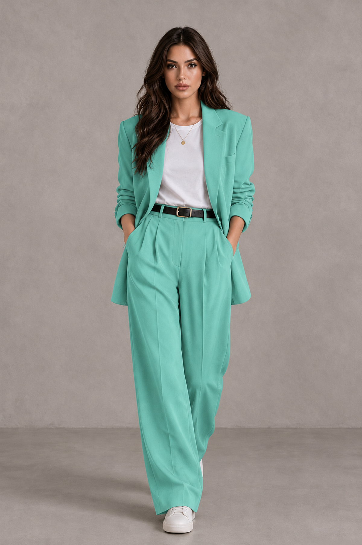 BOLODOO Turquoise Brown Blazer & Wide-Leg Pants Suit for Women - Turquoise - Turquoise_04