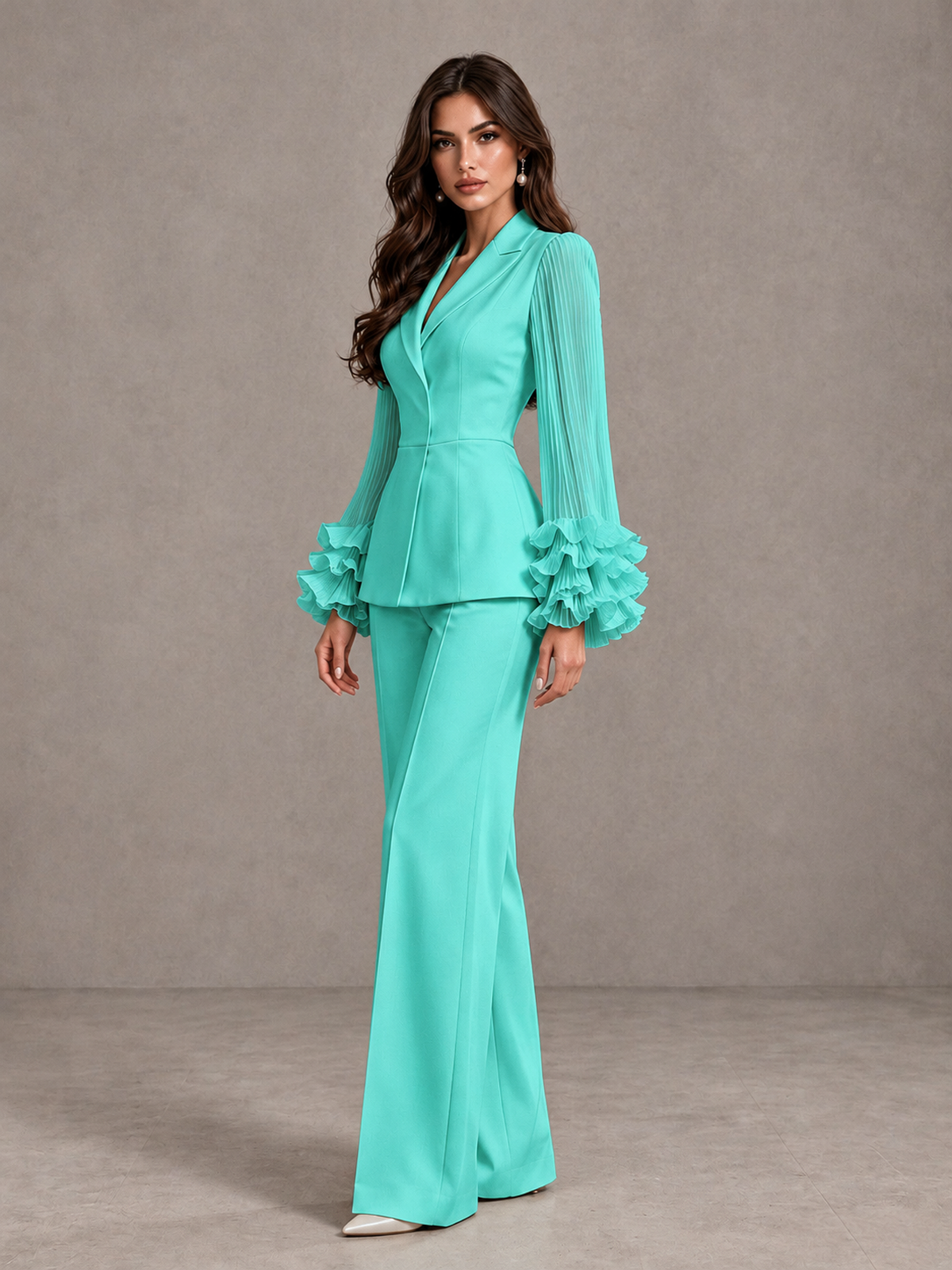 BOLODOO Turquoise Mother of the Bride Pant Suit – Pleated Long Sleeve Ruffle Cuff Wide Leg Trouser Suit - Turquoise - Turquoise_04