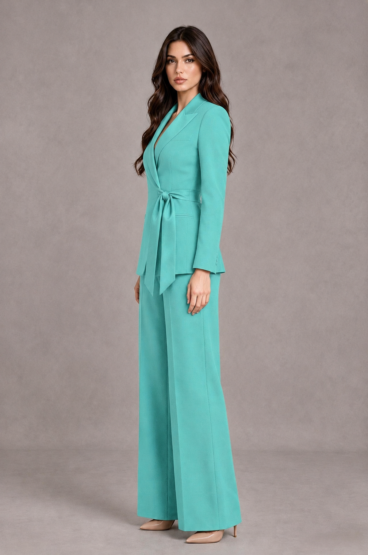 BOLODOO Turquoise Tie-Waist Blazer & Wide-Leg Pantsuit - Turquoise - Turquoise_04