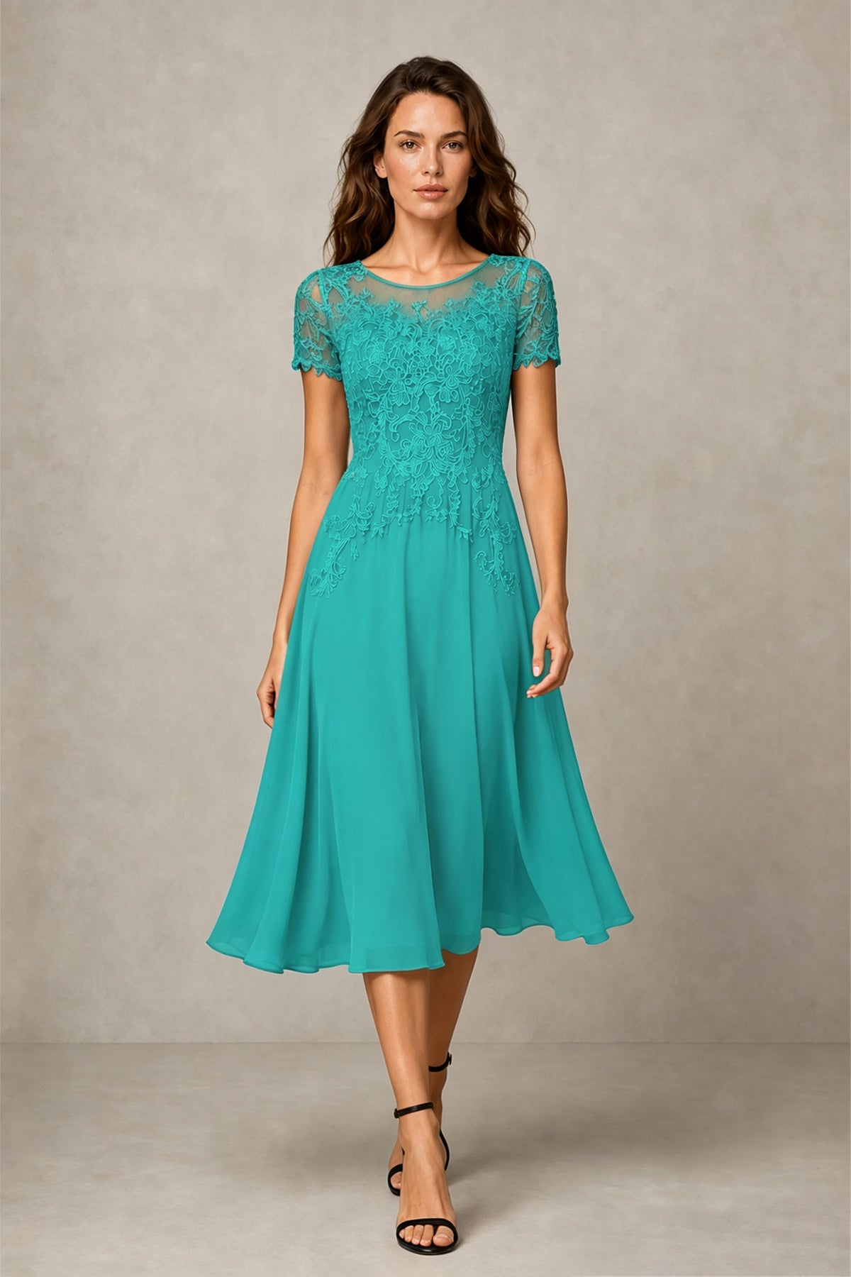 BOLODOO Steel Turquoise Beaded Lace Illusion Bodice Chiffon Tea-Length Dress | Mother of the Bride & Cocktail Party - Turquoise