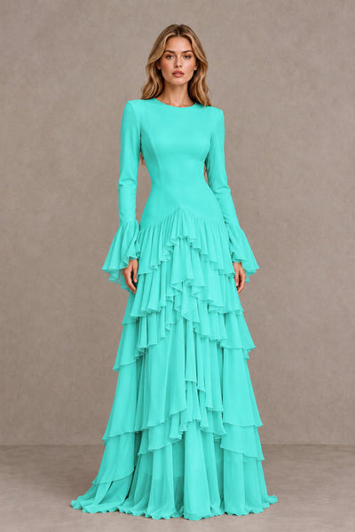 Turquoise Long Sleeve Tiered Ruffle Evening Gown - Turquoise - Turquoise_1