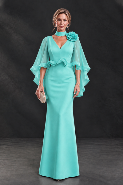 BOLODOO Turquoise Floral Cape Sleeve Mother of the Bride Dress - Turquoise - Turquoise_1
