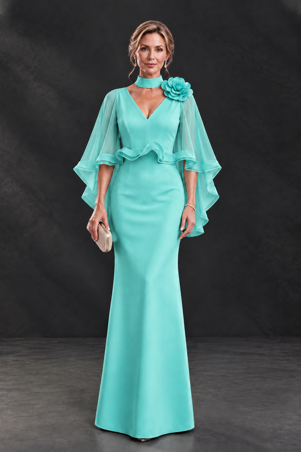 BOLODOO Turquoise Floral Cape Sleeve Mother of the Bride Dress - Turquoise - Turquoise_1