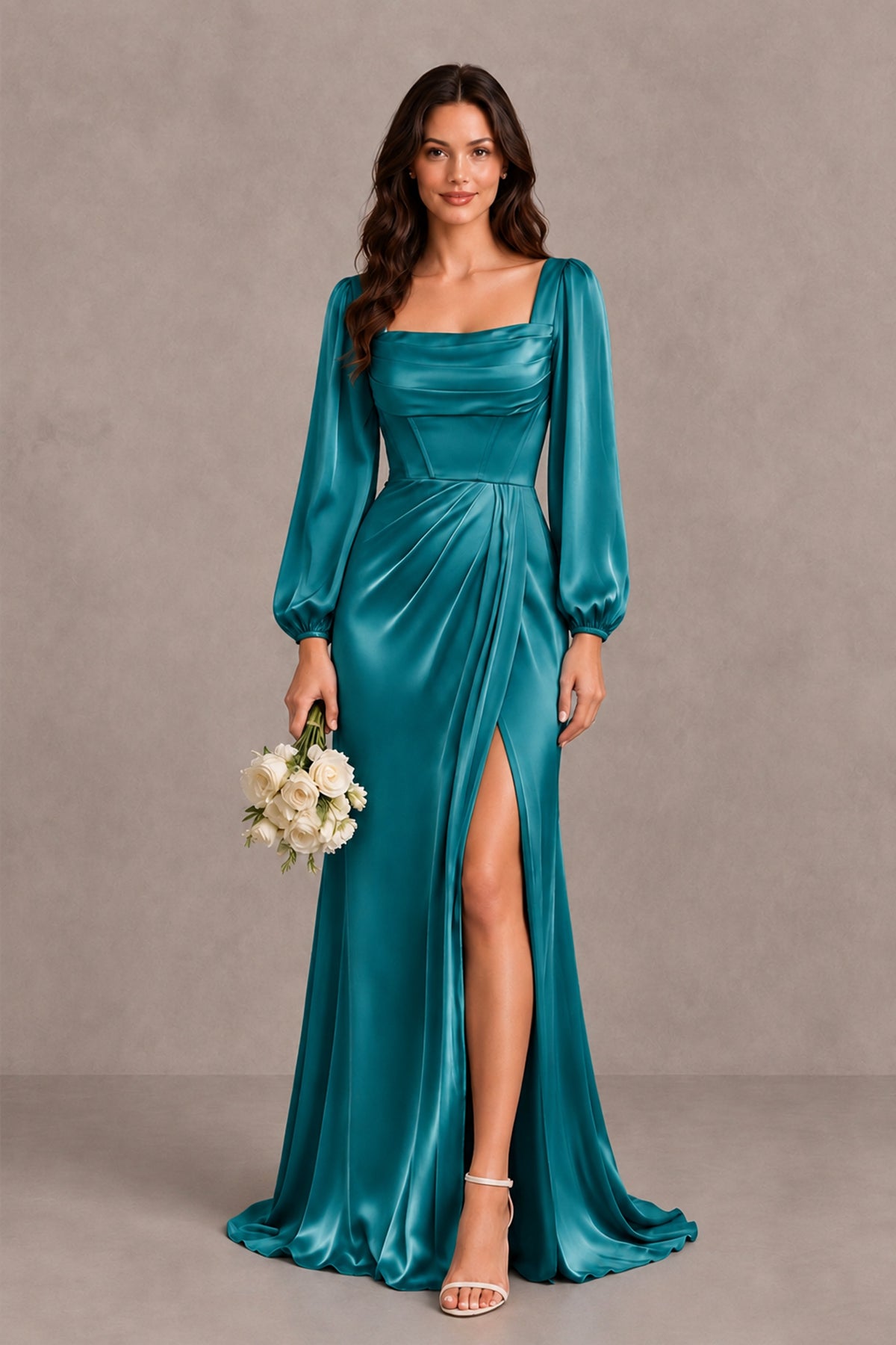 BOLODOO Turquoise Satin-Look Long Sleeve Evening Dress with High Slit - Turquoise - Turquoise_1