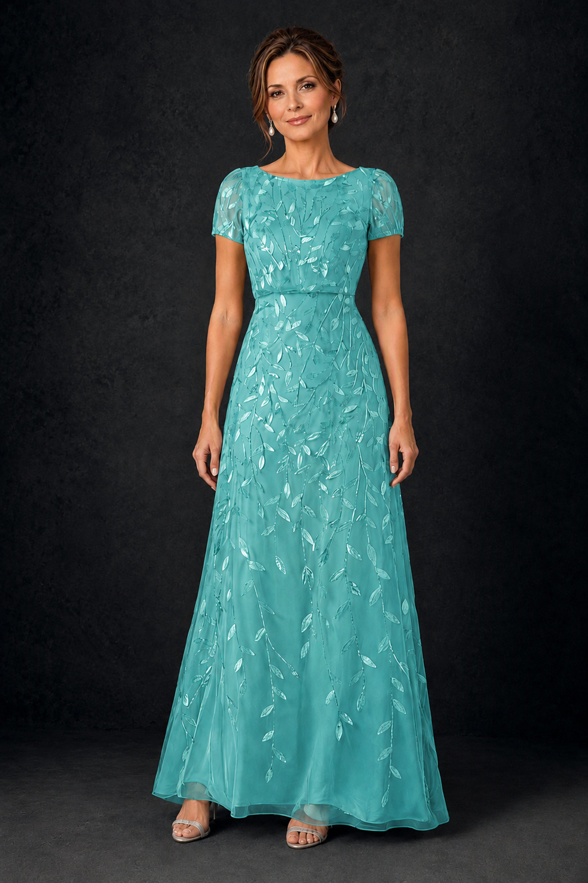 BOLODOO Turquoise Leaf Embroidered A-Line Formal Gown with Cap Sleeves - Turquoise - Turquoise_1