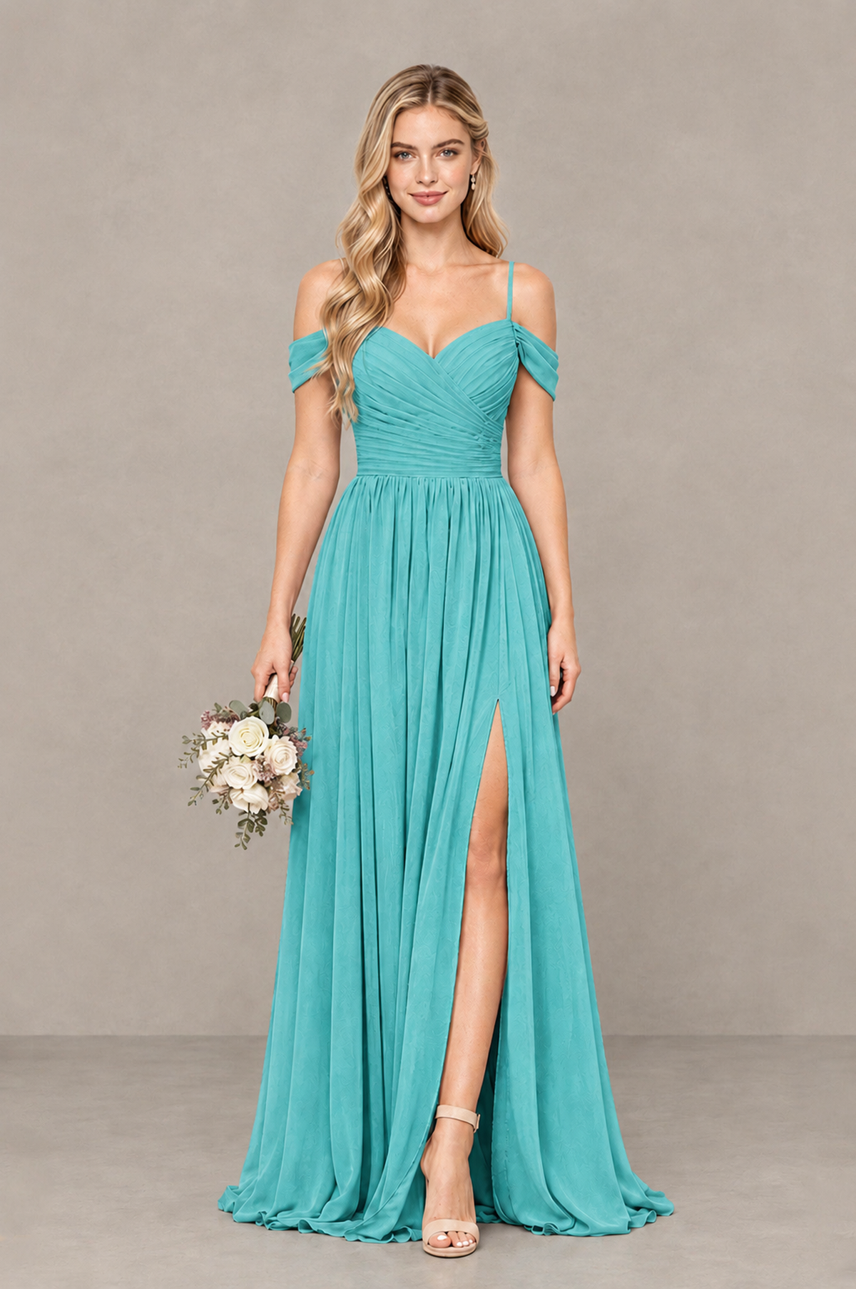 BOLODOO Turquoise Off-Shoulder Bridesmaid Dress with Slit - Turquoise