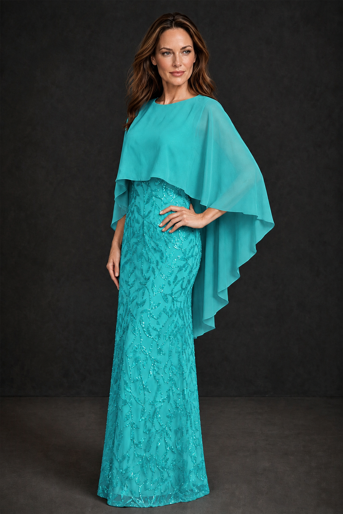 BOLODOO Turquoise Round Neck Chiffon Cape Overlay Sequin Lace Mermaid Maxi Dress - Turquoise - Turquoise_1