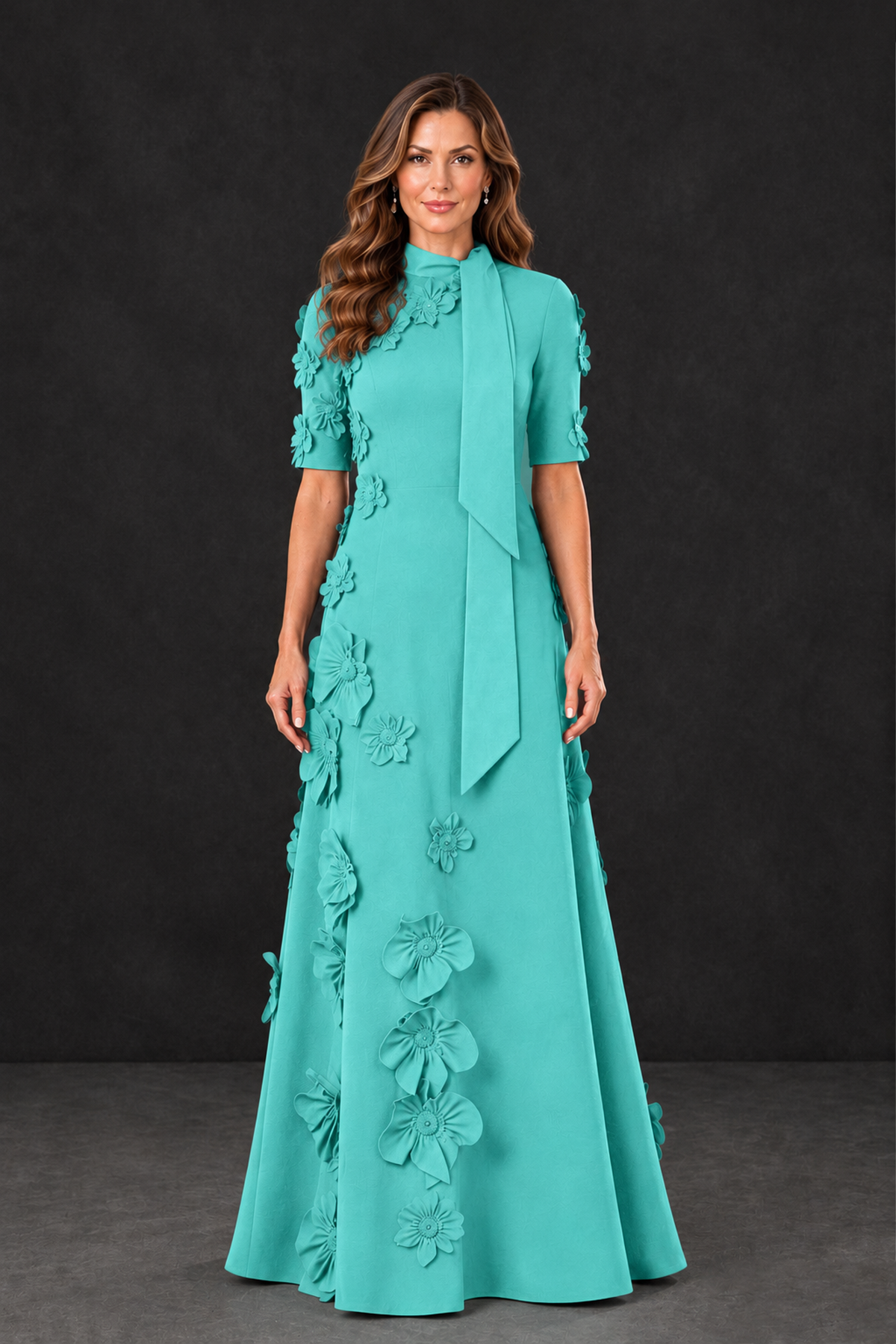 BOLODOO Turquoise Floral Applique High-Neck Half-Sleeve Gown - Turquoise - Turquoise_1
