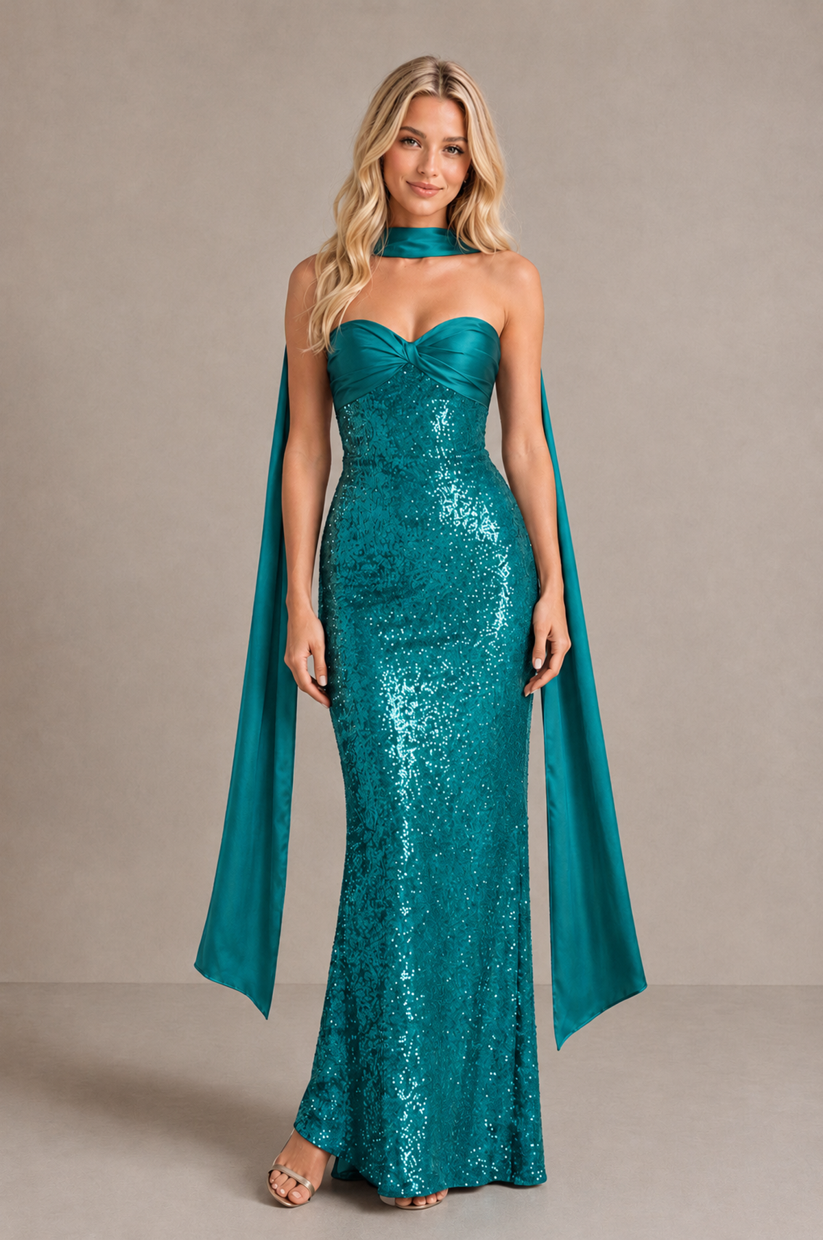 BOLODOO Turquoise Strapless Sweetheart Evening Dress with Scarf - Turquoise - Turquoise_1