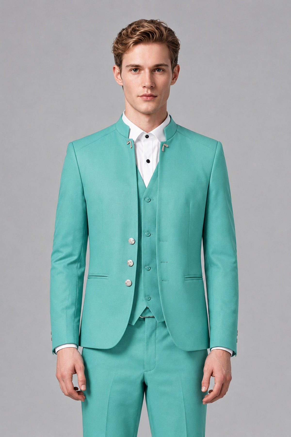 Bolodoo Men's Turquoise Mandarin Collar 3-Piece Suit – Jacket, Vest & Trousers - Turquoise - Turquoise_1