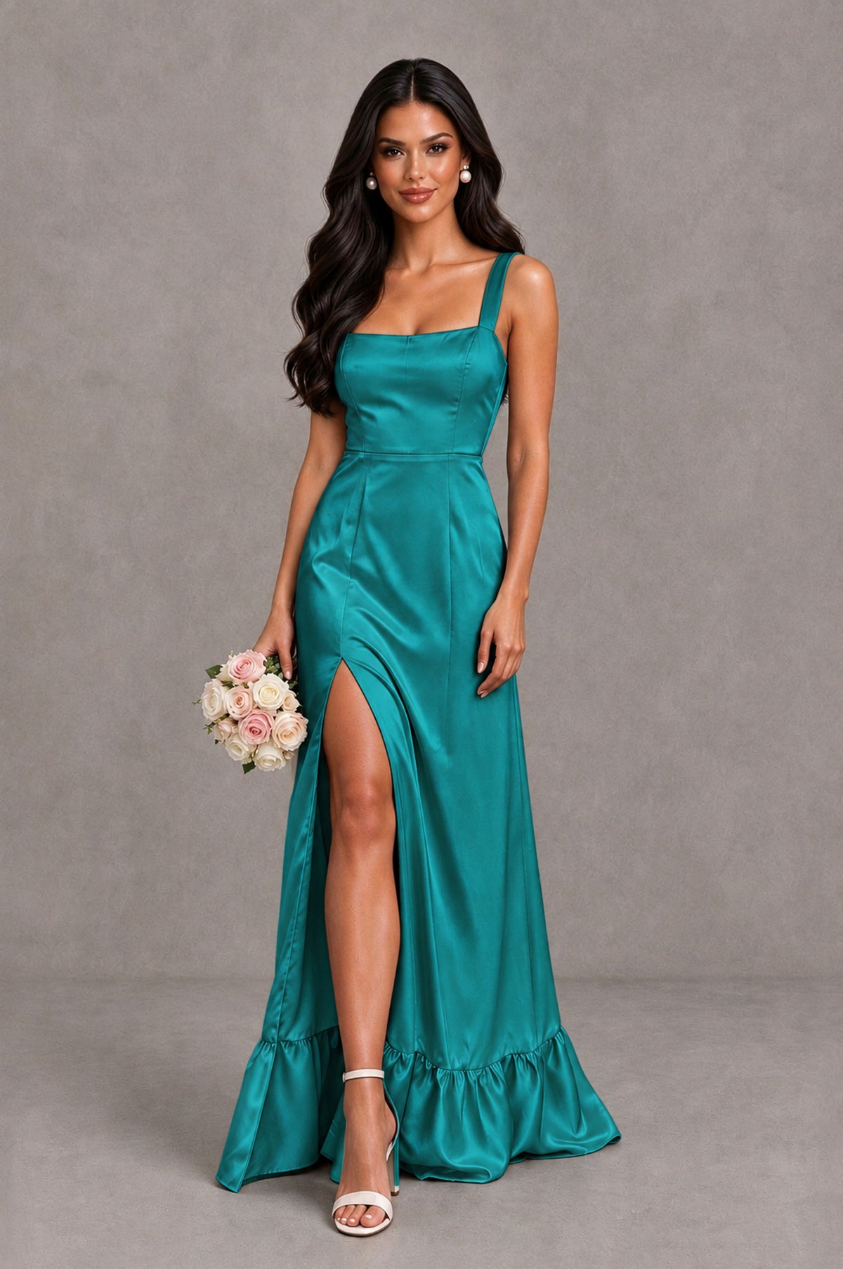 BOLODOO Turquoise Square Neck Satin Evening Dress with Lace-Up Back and High Slit - Turquoise - Turquoise_1