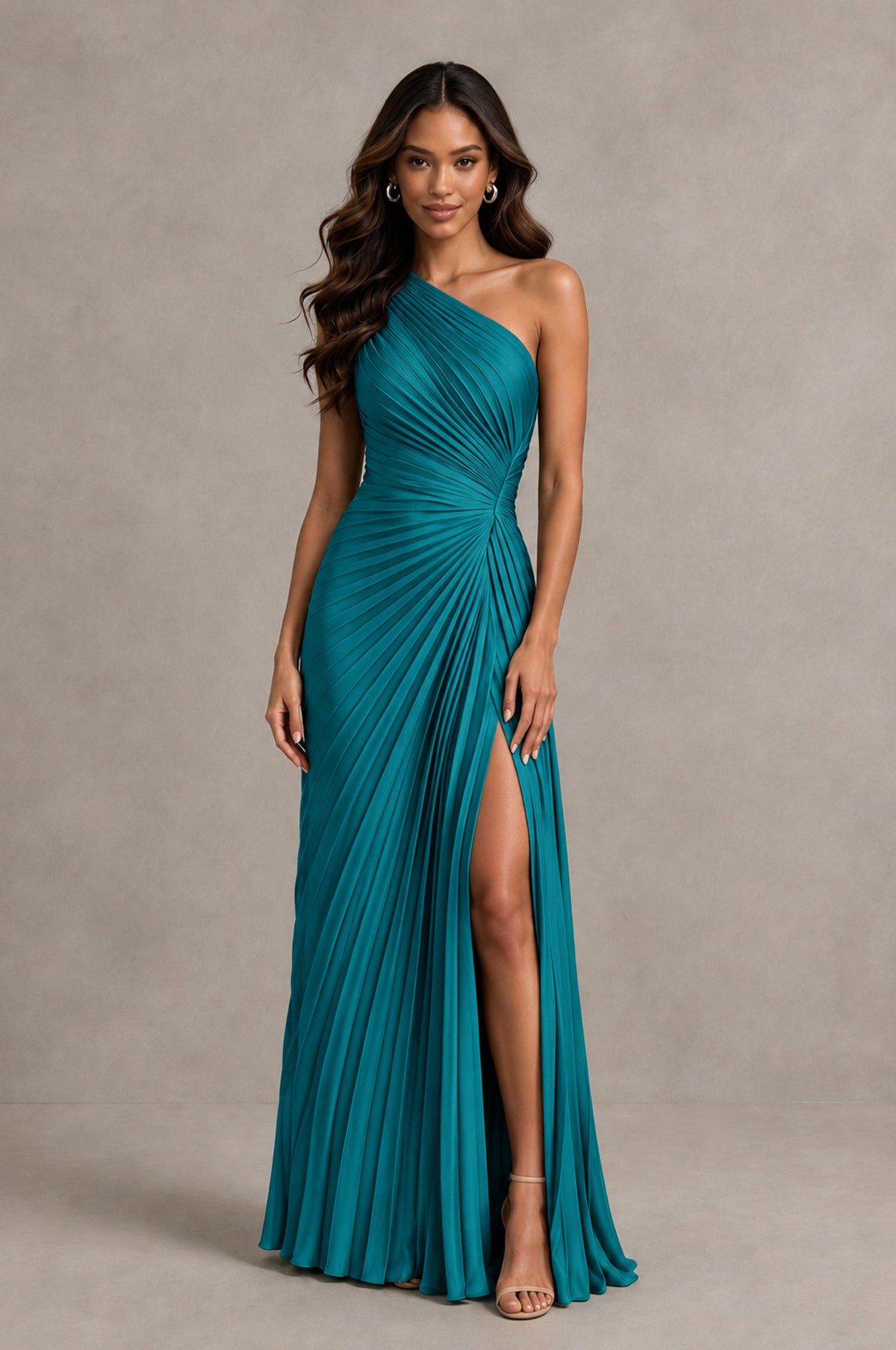BOLODOO Turquoise One Shoulder Pleated Evening Dress with Ruched Waist and High Slit - Turquoise - Turquoise_1