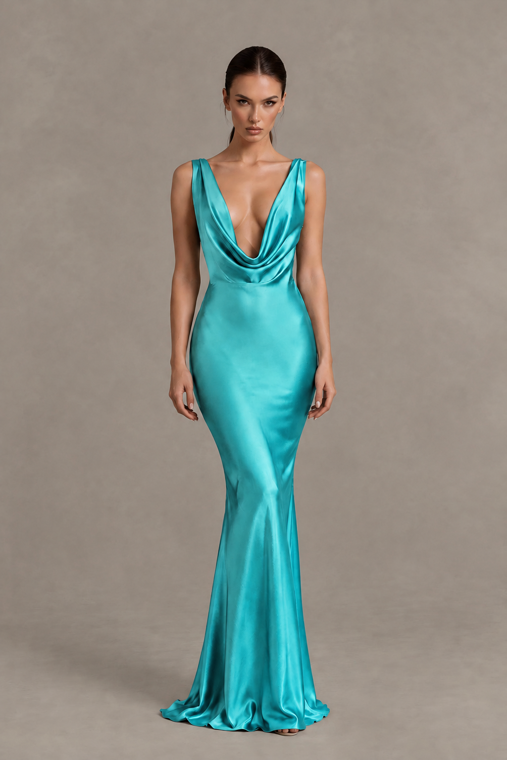BOLODOO Turquoise Cowl Neck Backless Satin Mermaid Evening Dress - Turquoise - Turquoise_1