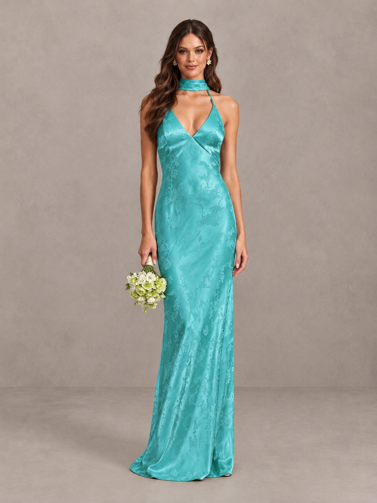 BOLODOO Turquoise Floral Satin Open-Back Bridesmaid Dress - Turquoise - Turquoise_1
