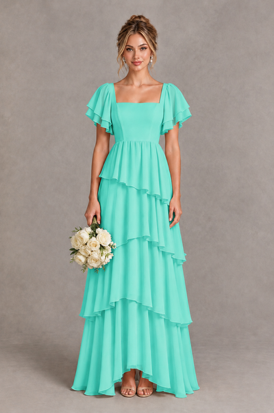 BOLODOO Turquoise Square Neck Flutter Sleeve Tiered Chiffon Bridesmaid Dress with Lace-Up Back - Turquoise - Turquoise_1