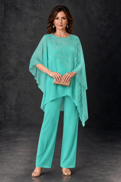 BOLODOO Turquoise Embellished Cape Pant Suit for Mother of the Bride - Turquoise - Turquoise_1