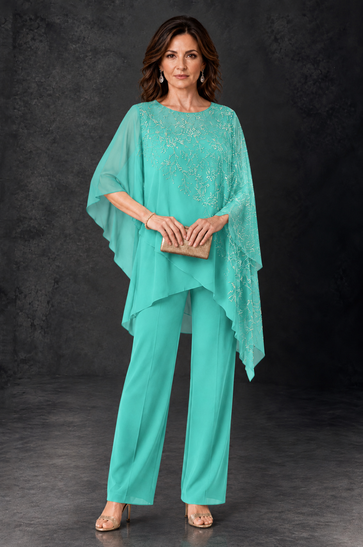 BOLODOO Turquoise Embellished Cape Pant Suit for Mother of the Bride - Turquoise - Turquoise_1