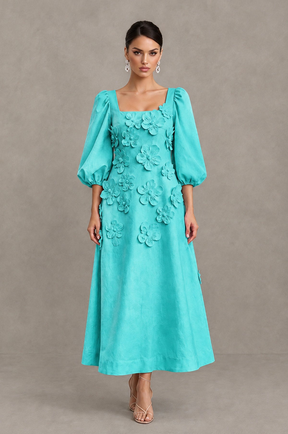 BOLODOO Turquoise 3D Floral Puff Sleeve Midi Cocktail Dress - Turquoise - Turquoise_1