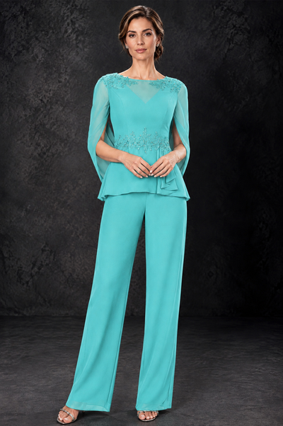 BOLODOO Turquoise Embellished Cape Sleeve Mother of the Bride Pantsuit - Turquoise - Turquoise_1