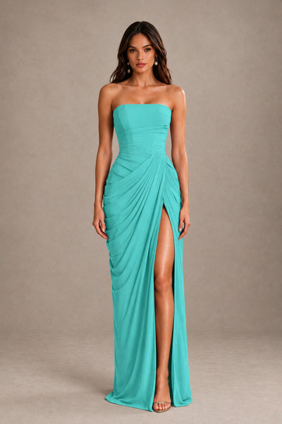 BOLODOO Strapless Draped Maxi Dress - Turquoise Backless Evening Gown with High Slit - Turquoise - Turquoise_1