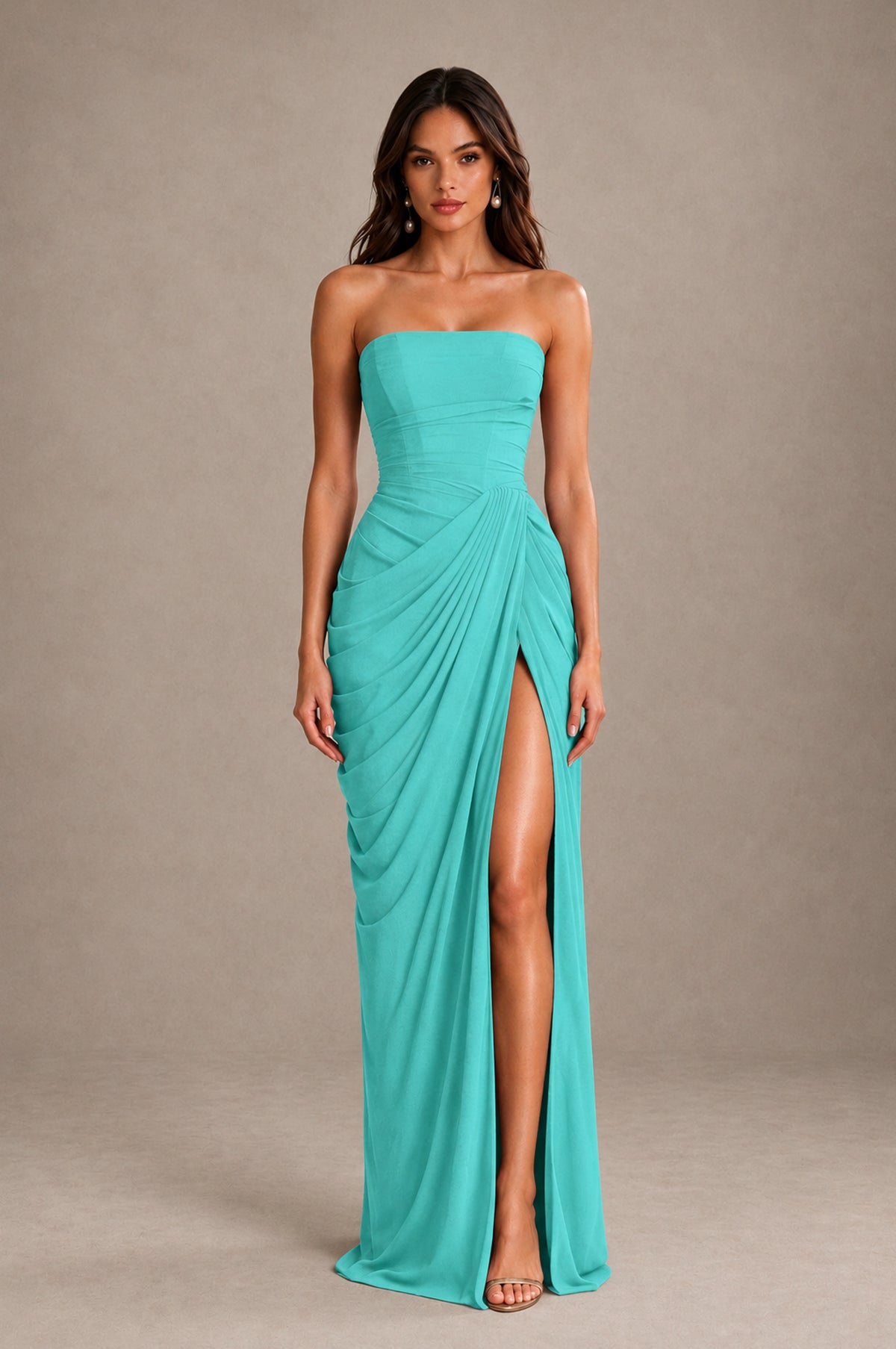 BOLODOO Strapless Draped Maxi Dress - Turquoise Backless Evening Gown with High Slit - Turquoise - Turquoise_1