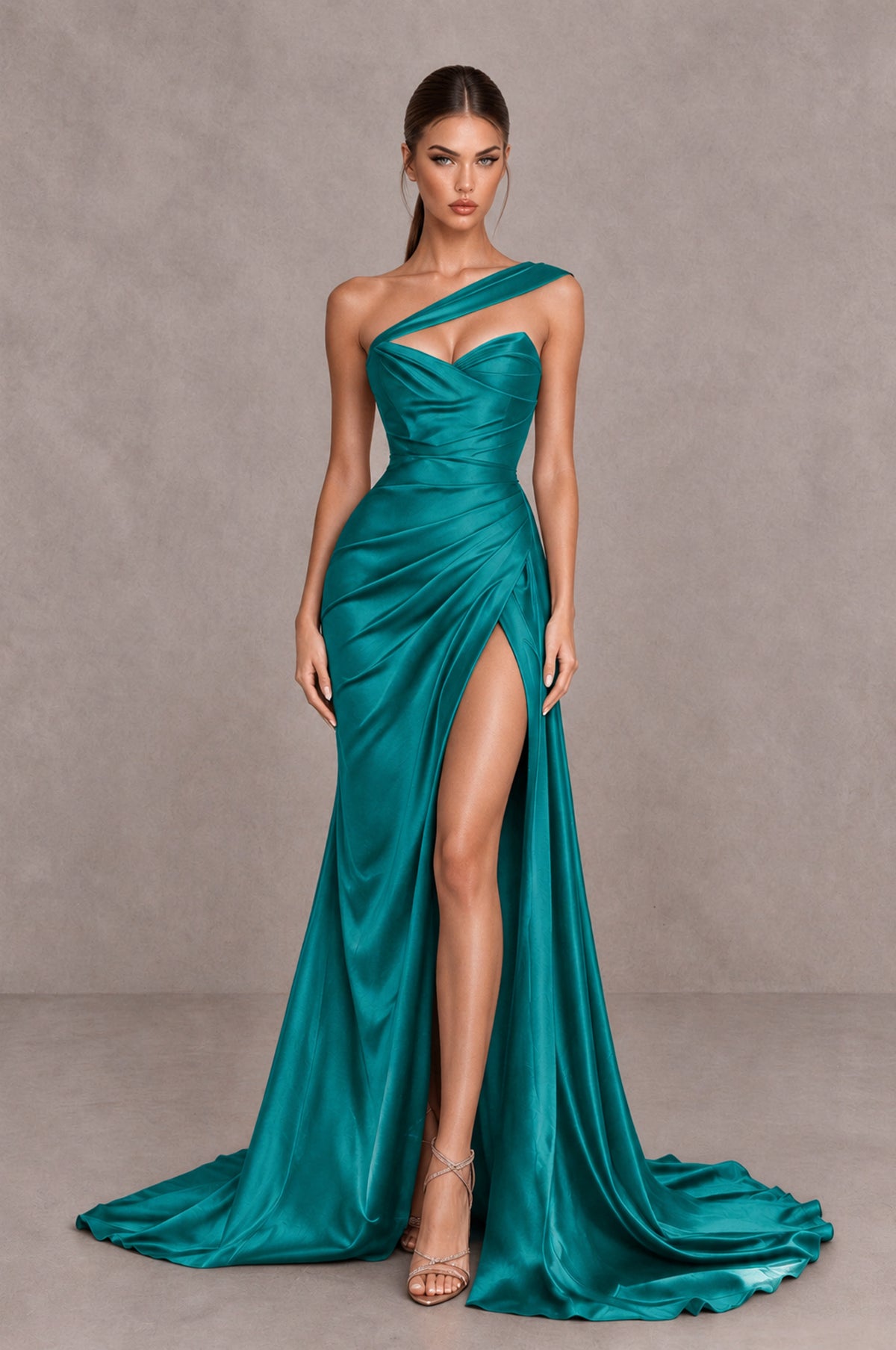 BOLODOO Turquoise One Shoulder Satin Mermaid Evening Dress with Ruched Slit Skirt - Turquoise - Turquoise_1
