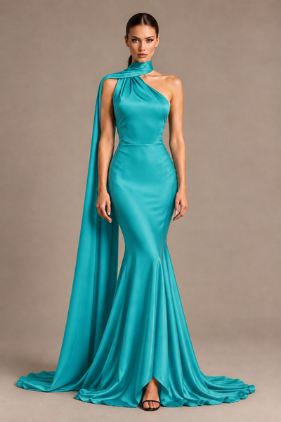 BOLODOO Turquoise One-Shoulder Satin Mermaid Evening Dress with Scarf - Turquoise - Turquoise_1