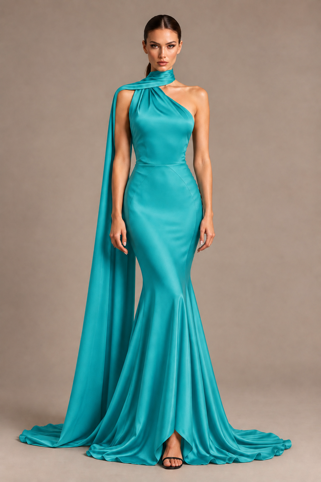 BOLODOO Turquoise One-Shoulder Satin Mermaid Evening Dress with Scarf - Turquoise - Turquoise_1