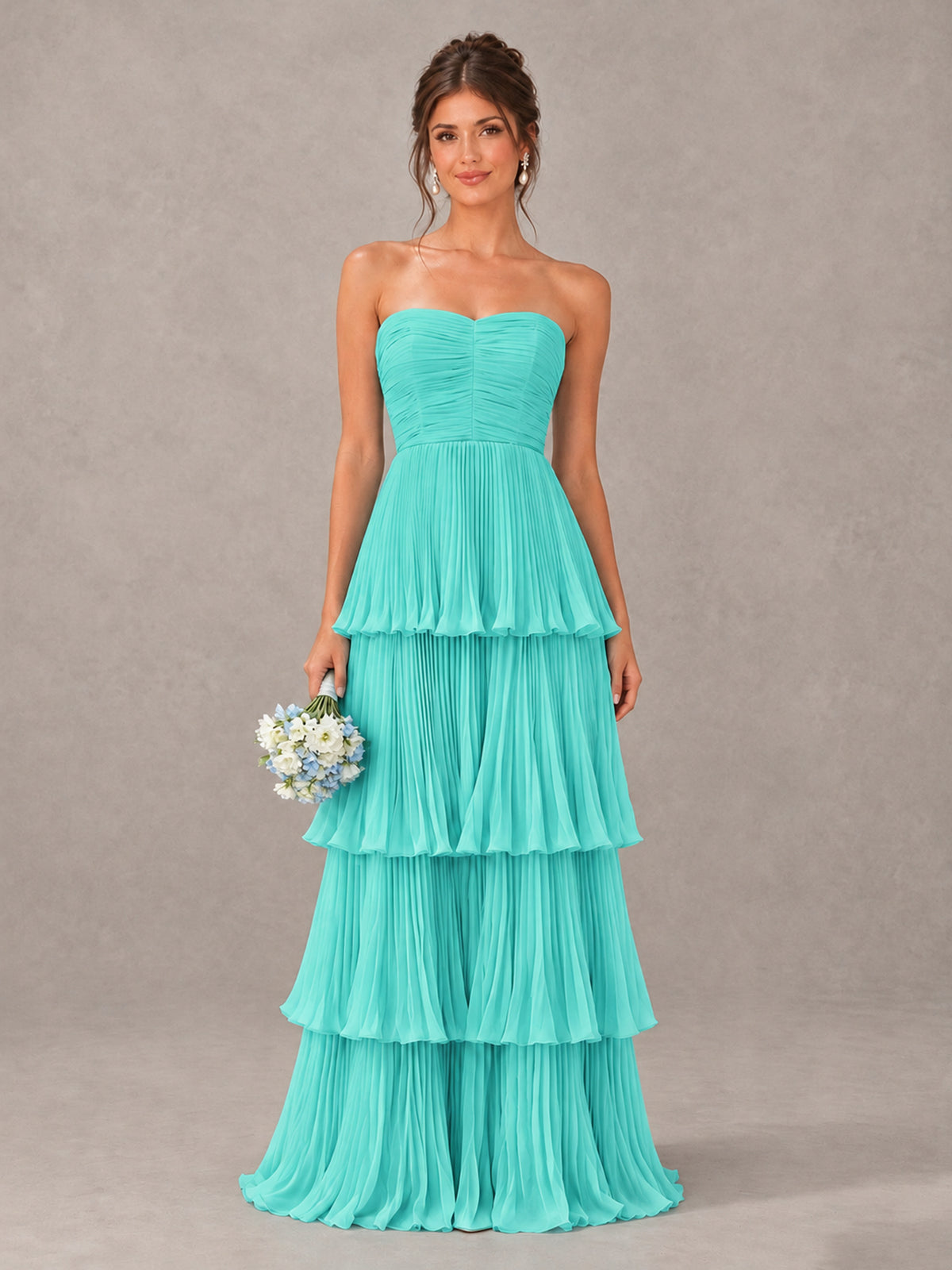 BOLODOO Turquoise Strapless Tiered Pleated Bridesmaid Dress - Turquoise - Turquoise_1