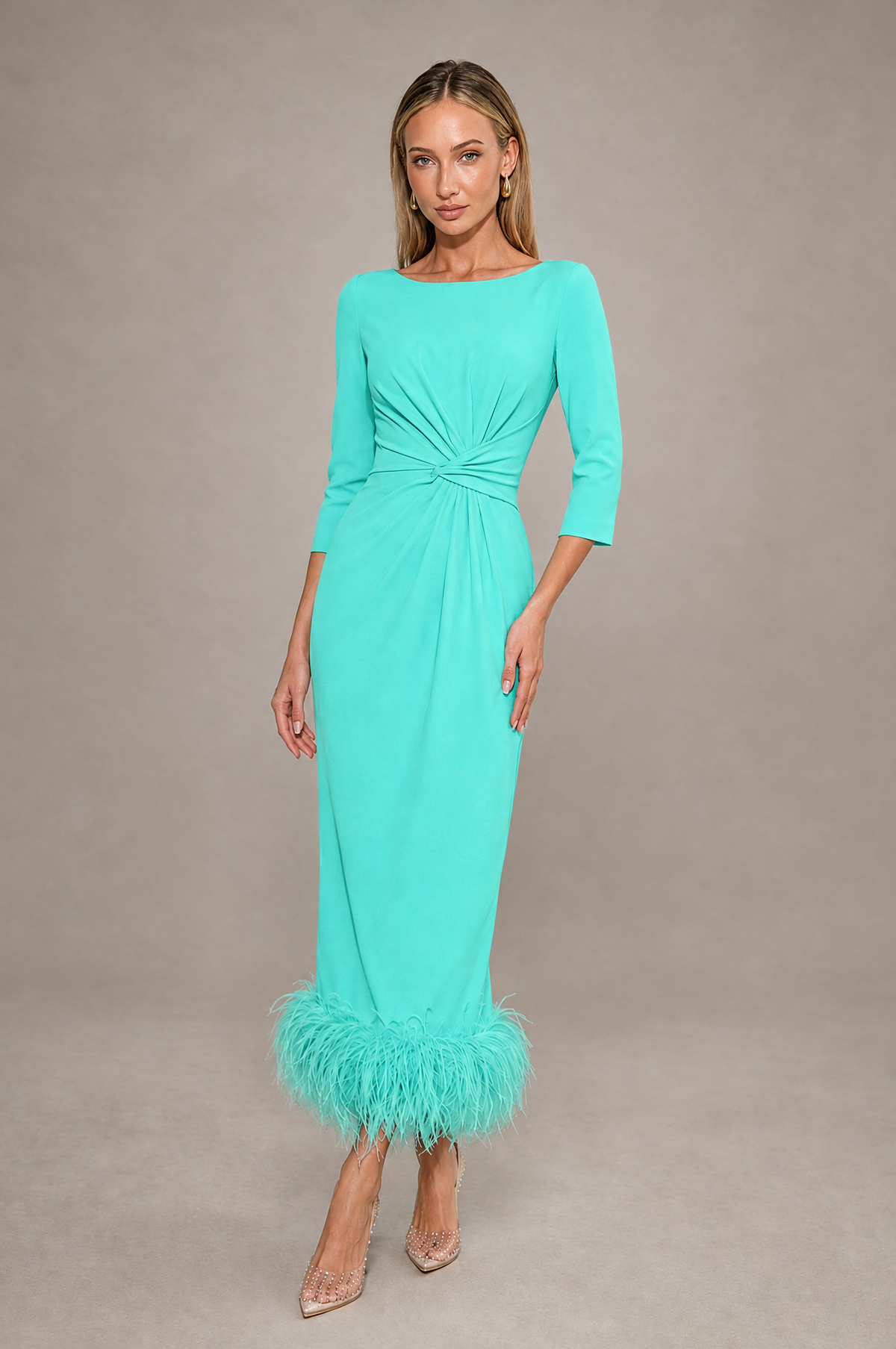 BOLODOO Turquoise Feather-Trim Twist-Waist Midi Dress - Turquoise - Turquoise_1