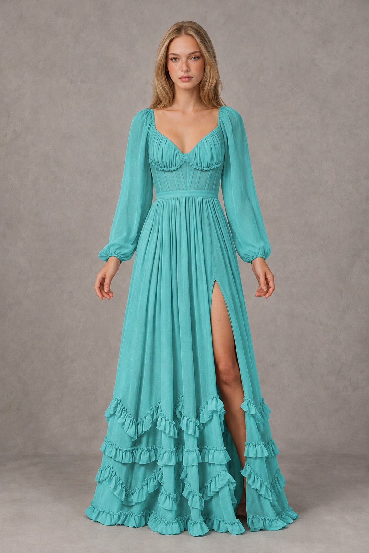 Turquoise Long-Sleeve Ruffle Maxi Dress with Lace-Up Back and Slit - Turquoise