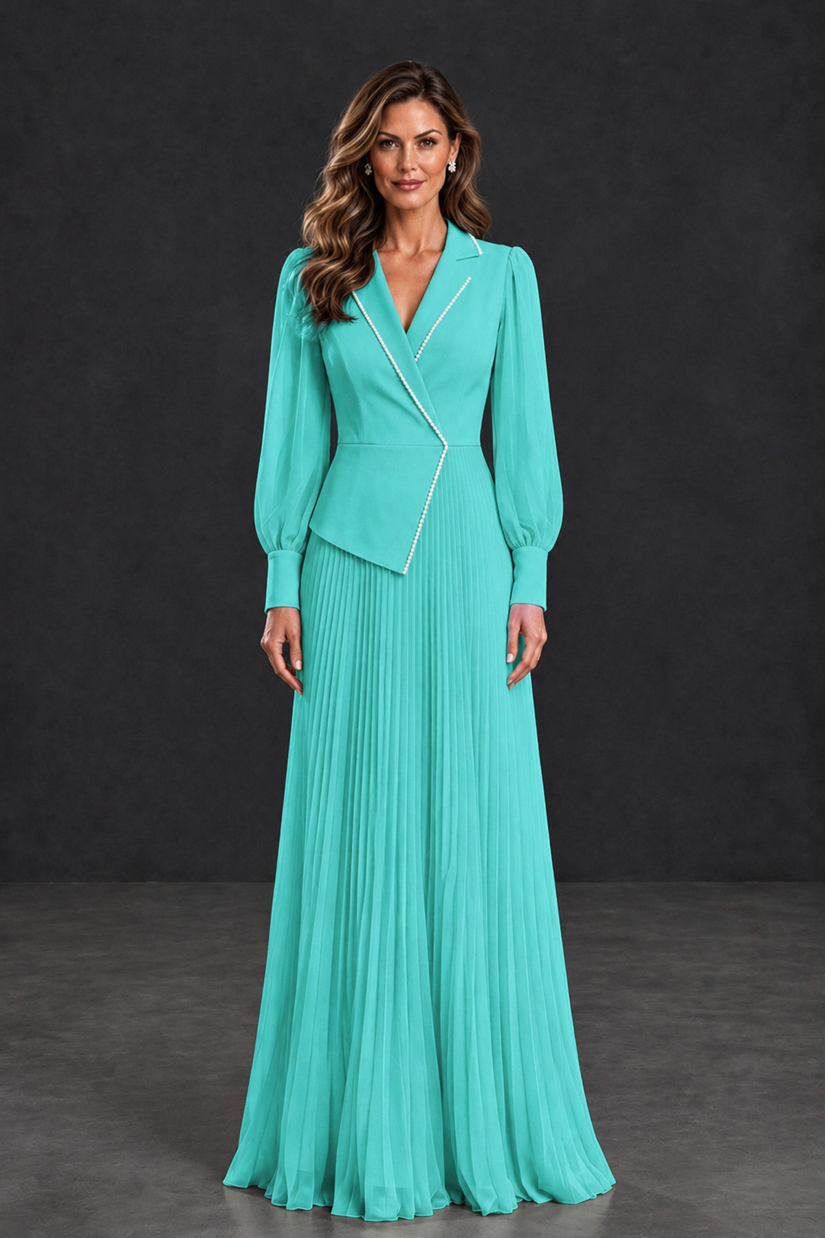 BOLODOO Turquoise Long Sleeve Pleated Mother of the Bride Dress - Turquoise - Turquoise_1
