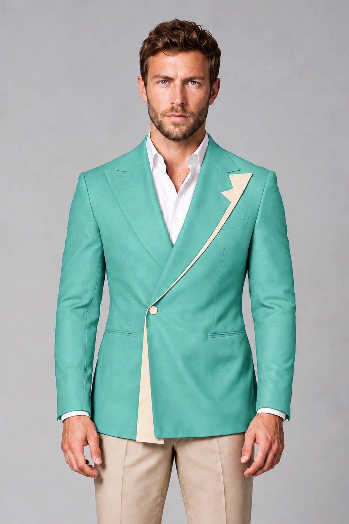 BOLODOO Men's Turquoise Double-Breasted Blazer & Khaki Trousers Tuxedo 2-Piece Suit Set - Turquoise - Turquoise_1