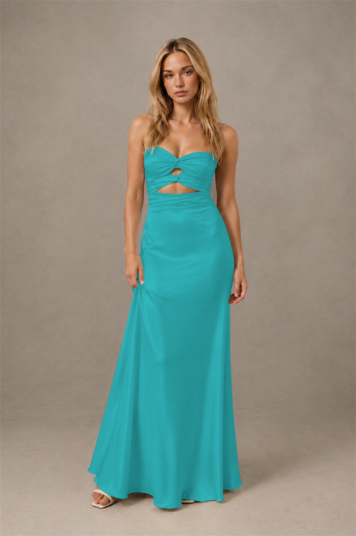 BOLODOO Turquoise Sweetheart Strapless Twist Knot Cutout Lace-Up Back Satin Mermaid Maxi Dress - Turquoise - Turquoise(1)
