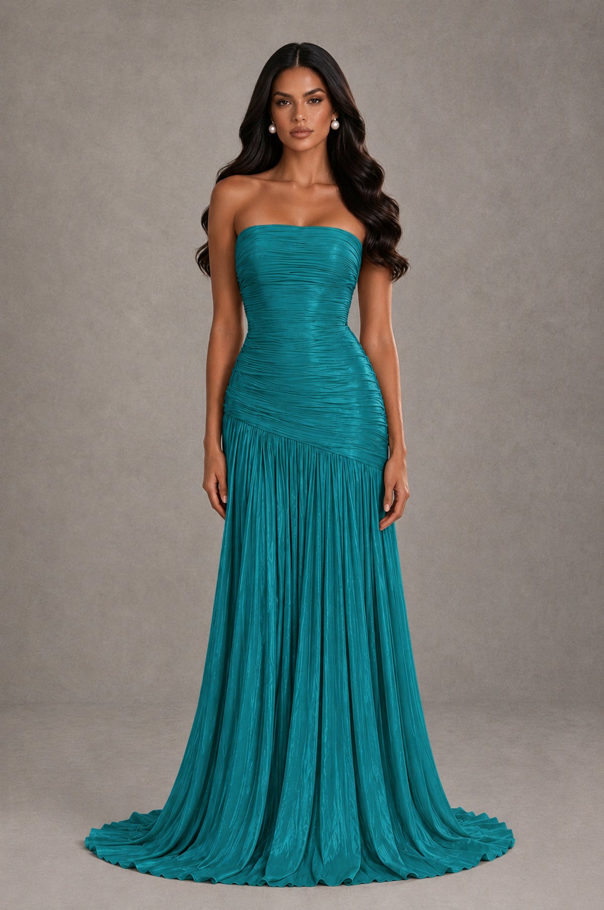 BOLODOO Turquoise Metallic Ruched Strapless Pleated A-Line Backless Maxi Dress with Train - Turquoise - Turquoise_1
