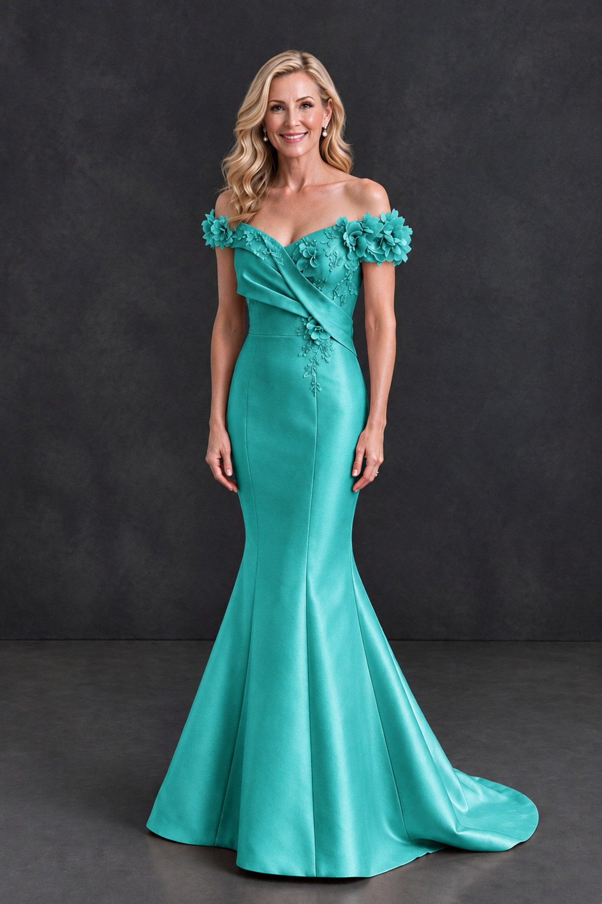 BOLODOO Turquoise Off-Shoulder Floral Mermaid Mother of the Bride Dress - Turquoise - Turquoise_1