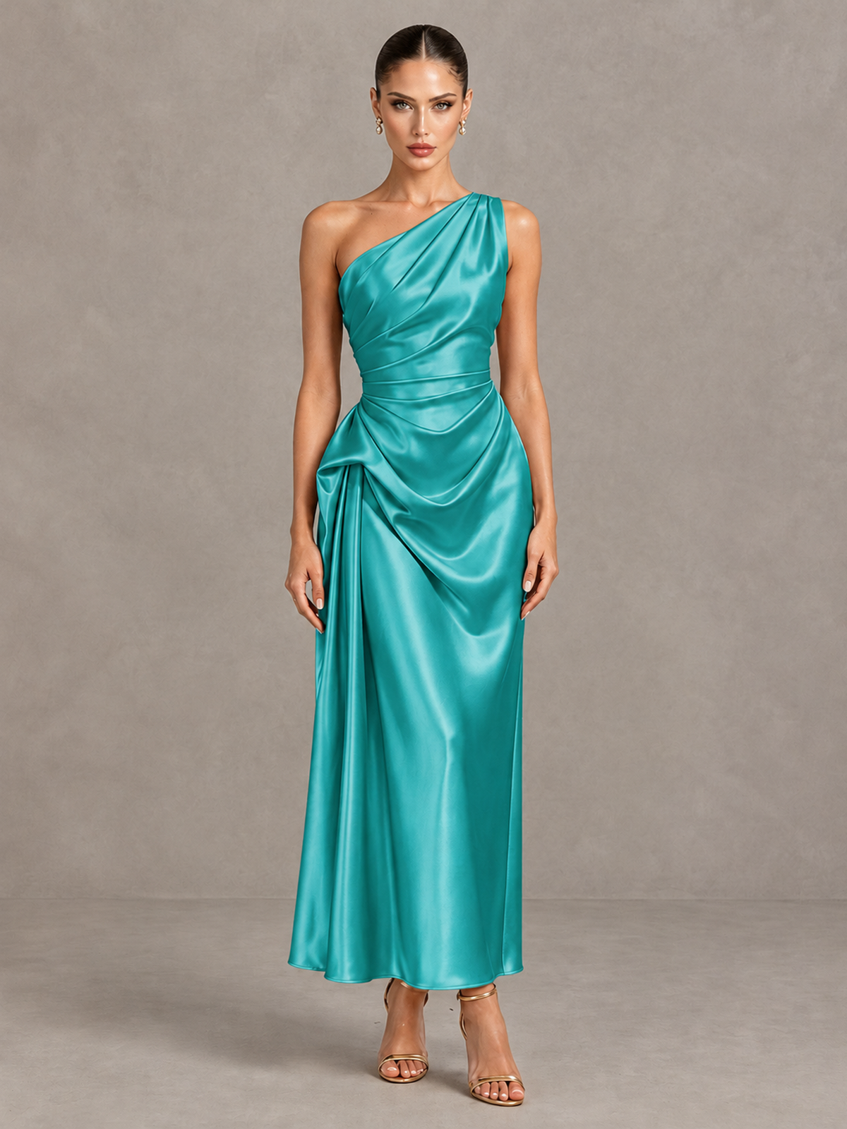 BOLODOO Turquoise One Shoulder Satin Cocktail Dress with Draped A-Line Skirt - Turquoise - Turquoise_1