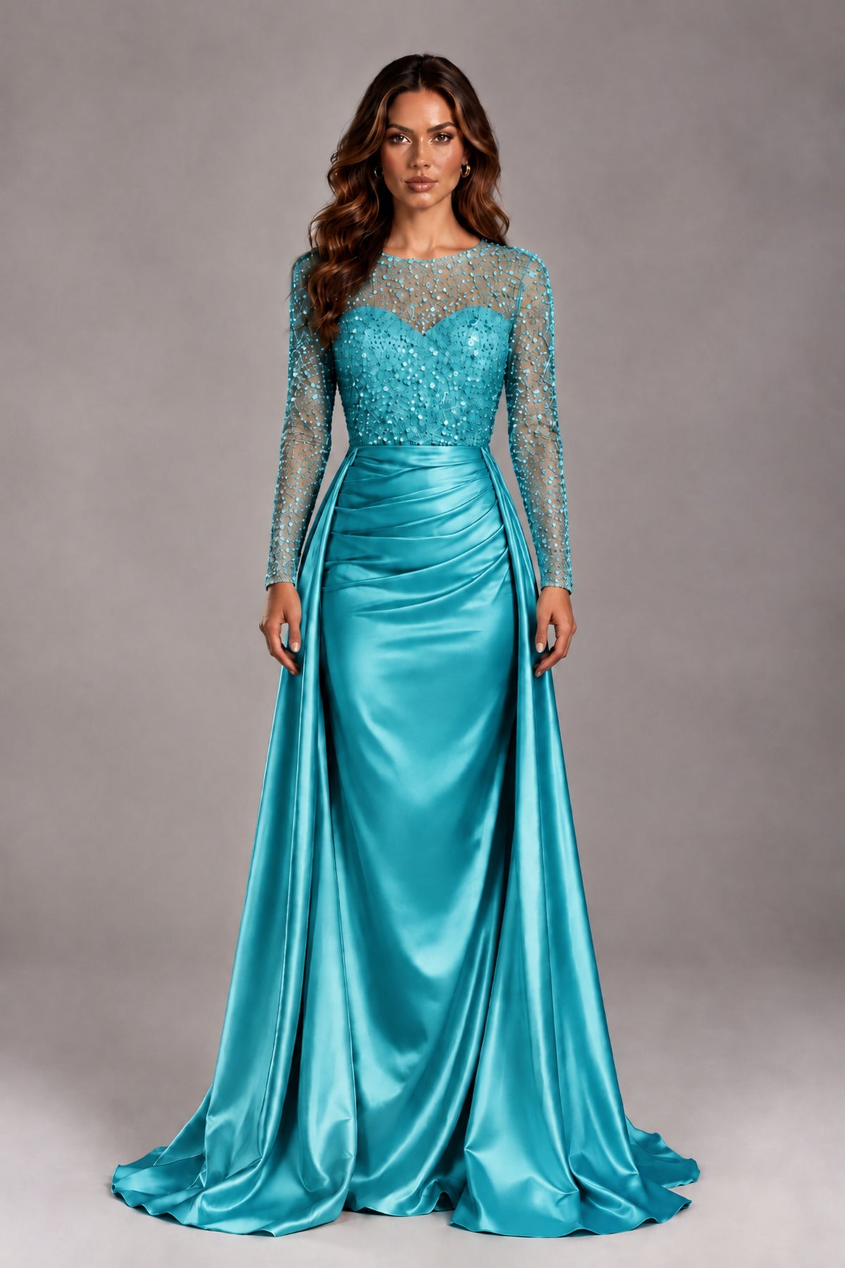 BOLODOO Turquoise Long Sleeve Embellished Satin Evening Gown with Sweep Train - Turquoise - Turquoise_1