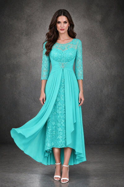 BOLODOO Turquoise Sequin Lace & Chiffon Tea-Length Mother of the Bride Dress with 3/4 Sleeves - Turquoise - Turquoise_1