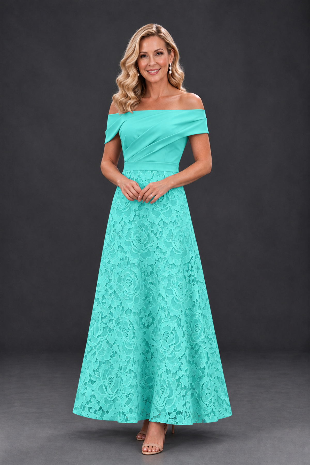 BOLODOO Turquoise Off-the-Shoulder Floral A-Line Mother of the Bride Dress - Turquoise - Turquoise_1