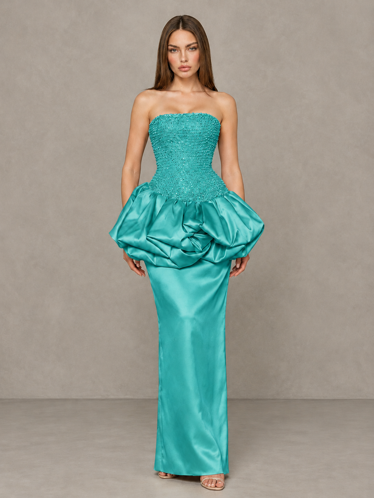BOLODOO Turquoise Strapless Embellished Bubble Peplum Evening Dress - Turquoise - Turquoise_1