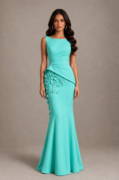 BOLODOO Turquoise Bateau Neck Sleeveless Asymmetric Peplum 3D Petal Appliqué Mermaid Gown BD0421 - Turquoise - Turquoise_1